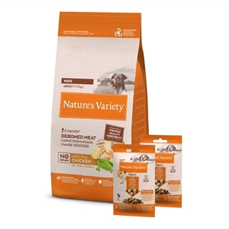 NATURES VARIETY ADULT MINI CHICKEN GRAANVRIJ + 2 FREEZE DRIED TOPPERS 1,5 KG + 2X120 GR