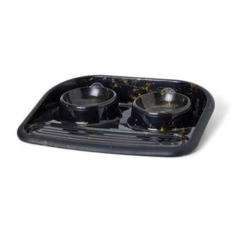 SAVIC BUTLER VOERBAK EN DRINKBAK MET PLATEAU MARBLE ZWART / GOUD 45X36X8 CM 2X300 ML