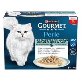 GOURMET PERLE OCEAN FLAKES IN SAUS KABELJAUW, ZALM, SCHOL EN KOOLVIS